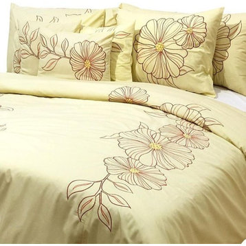 CA King Duvet Cover 8 Pc set in Soft Yellow Cotton with Embroidery