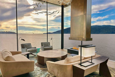 Example of a trendy formal and open concept vaulted ceiling living room design in Vancouver