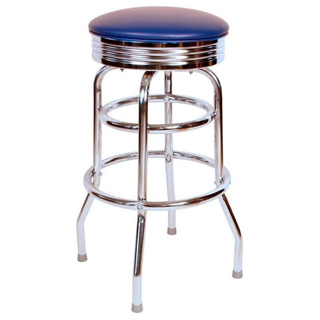 Retro Home Double Ring Chrome Pan Swivel 30" Bar Stool, Blue