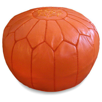 Moroccan Leather Stuffed Pouf, Orange
