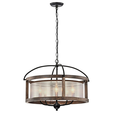 Ellen Antique Black Metal Fabric Shade Wood Chandelier