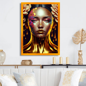 Gold And Black Floral Asian Woman II Framed Print, 12x20, Gold