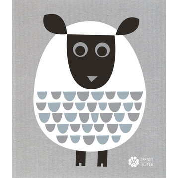 EARTH-FRIENDLY Swedish Dishcloth AKA Sponge Cloth - Modern Sheep, White on Gray