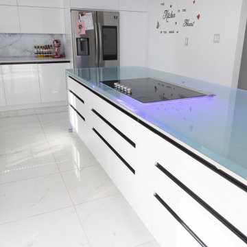 Residential glass kitchen island