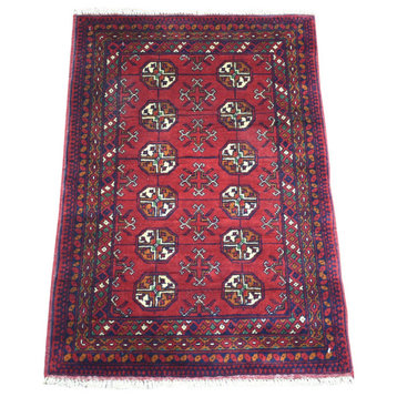 Red Afghan Khamyab Wool Bokara Design Hand Knotted Pure Wool Mat Rug, 2'x3'