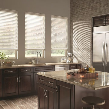 Large Kitchen with Exposed Brick Wall | White Wood Blinds