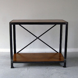 Industrial Two-Tiered Console in Steel with Stained Wood Inserts - Console Tables