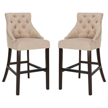 Set of 2 Bar Stool, Button Tufted Back With Sloped Arms and Nailhead, Beige/Fabr