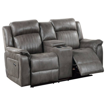 Benzara BM232608 Fabric Manual Loveseat With 2 Cupholders and Console, Gray