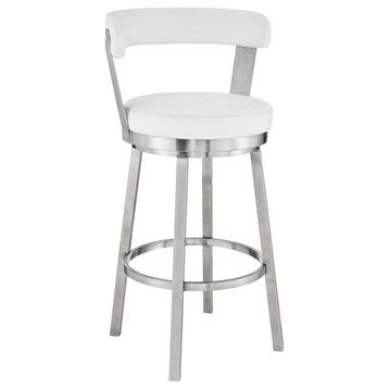 Kobe 30" Swivel Bar Stool, Stainless Steel Finish and White Faux Leather