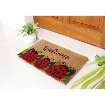 Red Handloom Woven & Printed Ladybug Coir Doormat, 18"x30"