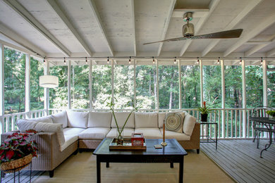 Huge transitional screened-in back porch photo in Atlanta with decking and a roof extension