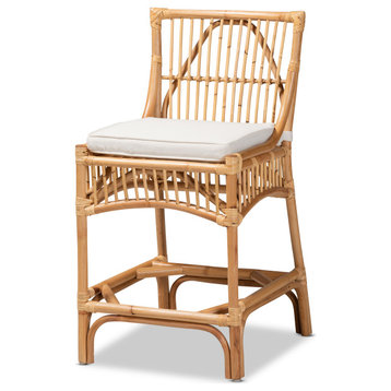 Alby Modern Bohemian Rattan Collection, White/Natural Brown, Counter Stool
