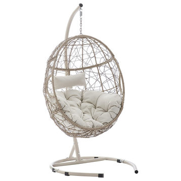 Outdoor Patio Hanging Chair, Egg Shaped Frame With Tufted Cushioned Seat, Sand