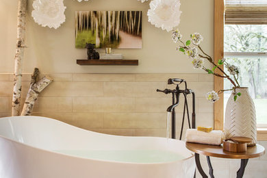 Inspiration for a mid-sized country master bathroom remodel in Portland with an undermount sink and a hinged shower door