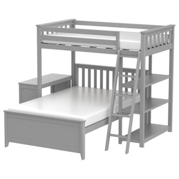 Twin Over Full Bunk Bed, L Shaped Design With Integrated Desk and Bookcase, Grey