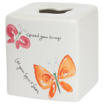 Creative Bath - Flutterby Kathy Davis Tissue Box Cover - Cover your plain tissue box with the unique Flutterby Kathy Davis Tissue Box Cover. Made from matte white ceramic with a colorful butterfly design, this tissue box is whimsical and fun. Display it alongside other pieces from the Flutterby Kathy Davis bath collection for a cohesive look.