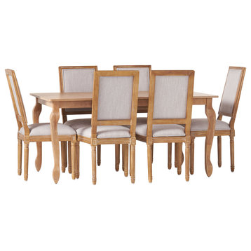 Fernleaf French Country Fabric Upholstered Wood Expandable 7-Piece Dining Set, Natural Brown/Light Gray