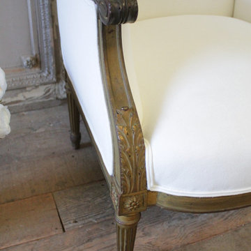 Antique Louis XVI Style Giltwood Bergere Chair in White Linen