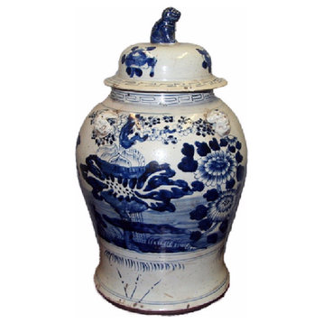 Vintage Style Blue and White Floral Motif Porcelain Temple Jar 23"