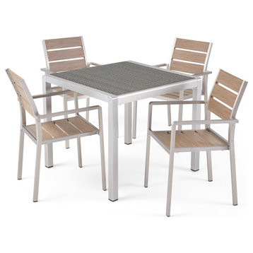 Gaven Outdoor Modern Aluminum 4 Seater Dining Set With Faux Wood Seats, Gray/Nat