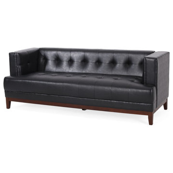 Mid Century Sofa, Low Profile Design With Tufted Waffle Stitching, Midnight Black