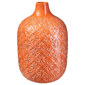 Ceramic Vase in Narrow Mouth, Diamond Pattern Design Gloss Orange Finish, Large