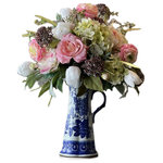 SilkInBloom - English Garden Romance - Gorgeous Large Silk Floral Arrangement of Peonies, Roses, Ranunculus, Tulips, Hydrangeas along with variety of greenery and field flowers in soft pastel colors artistically arranged in Hand Painted Blue Porcelain Pitcher. This stunning Floral Decor piece makes you believe that you just hand picked gorgeous lush flowers from your English garden and placed them in a beautiful Pitcher filled with fresh water!.. Bring the beauty of Nature into your home and create a stunning focal point with this Artistic One-of-a-kind design. Treat yourself and enjoy this Floral Art Decor piece for years to come!.. Also great as a gift for your friends or loved ones. Handmade with love by Chicago Floral Designer. Size 23”Lx26.5”Hx23”W. Free shipping.