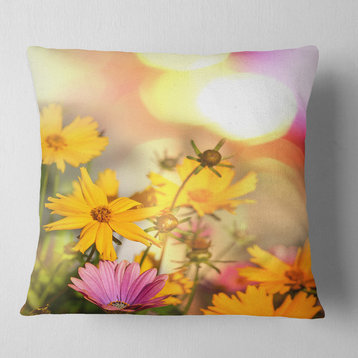 Blooming Yellow and Pink Flowers Floral Throw Pillow, 16"x16"