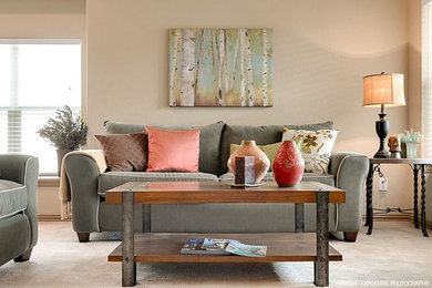 Inspiration for a mid-sized transitional open concept carpeted family room remodel in Dallas with a tv stand and beige walls