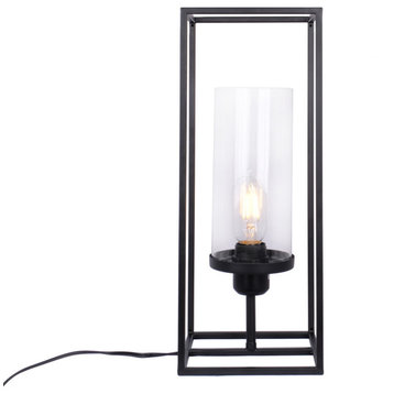 Modern 16.5" Black Iron Table Lamp With Glass Shade