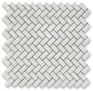 Thassos White Marble 5/8x1-1/4 Herringbone Mosaic Tile Honed, 1 sheet