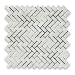 Stone Center Corp - Thassos White Marble 5/8x1-1/4 Herringbone Mosaic Tile Honed, 1 sheet - Wall And Floor Tile