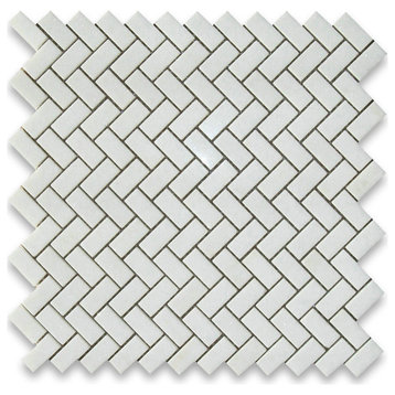 Thassos White Marble 5/8x1-1/4 Herringbone Mosaic Tile Honed, 1 sheet