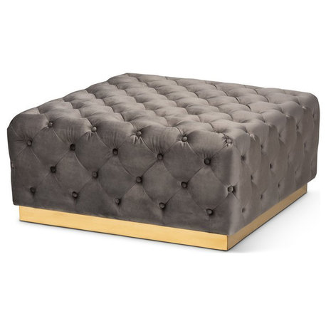 Baxton Studio Verene Gray Velvet Gold Finished Square Cocktail Ottoman