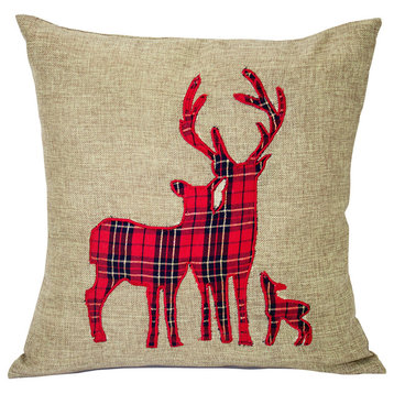 Deer Plaid Ruffle Christmas Decorative Throw Pillow, 17"x17", Deer Family