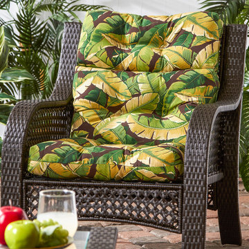 Wicker Woven Chair with Tropical Palm Leaf Pattern Cushion