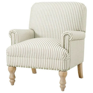 Classic Accent Chair, Turned Feet and Rolled Arms With Nailhead Trim, Beige Stripe