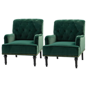 Upholstered Tufted Comfy Accent Armchair With Nailhead Trim Set of 2, Green
