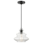 Livex Lighting Inc. - 1 Light Shiny Black Pendant, Chrome Finish Accents - The Everett single light pendant suspends simply, and it's great solo over focus points or set in pairs or trios over long counter tops and islands. It is showcased in a shiny black finish with chrome finish accents and hand blown clear art glass.