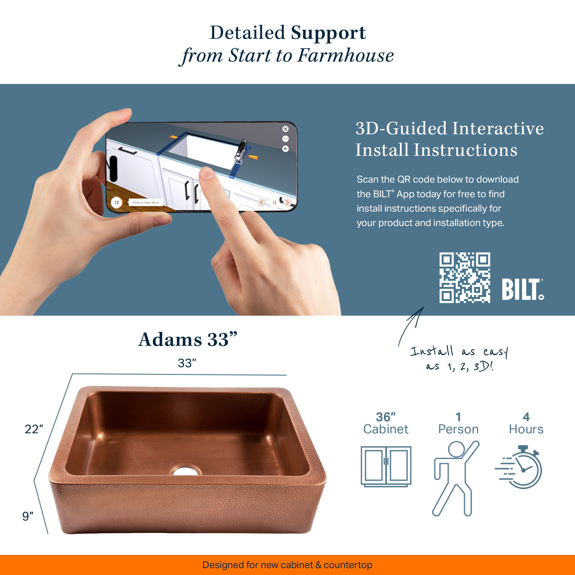 Adams Copper 33" Single Bowl Farmhouse Apron Front Undermount Kitchen Sink