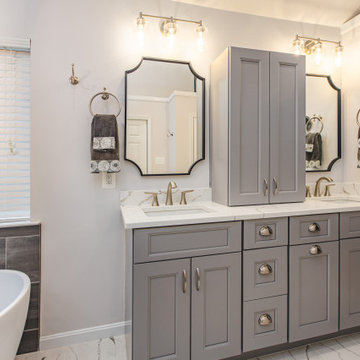 Sleek bathroom remodel in Centerville, VA with double vanity & walk-in shower