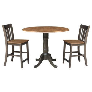 42" Round Drop Leaf Counter Height Table with 2 Stools - Hickory/Washed Coal