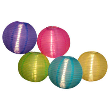 Asian Fusion Colorful Chinese Lantern Garden Patio Lights, White Wire, 5-Piece