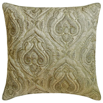 Gray Jacquard Quilted and Zari Embroidery 20"x20" Throw Pillow Cover, Venus