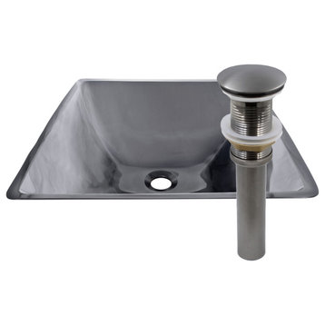 The Quadrato Clear Gray Square Tempered Glass Vessel Bathroom Sink with Drain, Gunmetal