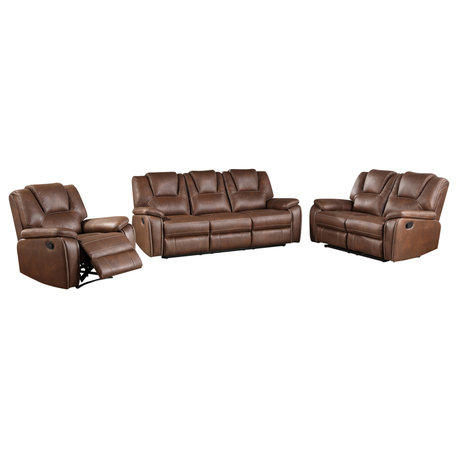Katrine Reclining Sofa, Loveseat and Chair Set, Brown