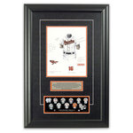 Heritage Sports Art - Original Art of the MLB 1997 Baltimore Orioles Uniform - This beautifully framed piece features an original piece of watercolor artwork glass-framed in an attractive two inch wide black resin frame with a double mat. The outer dimensions of the framed piece are approximately 17" wide x 24.5" high, although the exact size will vary according to the size of the original piece of art. At the core of the framed piece is the actual piece of original artwork as painted by the artist on textured 100% rag, water-marked watercolor paper. In many cases the original artwork has handwritten notes in pencil from the artist. Simply put, this is beautiful, one-of-a-kind artwork. The outer mat is a rich textured black acid-free mat with a decorative inset white v-groove, while the inner mat is a complimentary colored acid-free mat reflecting one of the team's primary colors. The image of this framed piece shows the mat color that we use (Orange). Beneath the artwork is a silver plate with black text describing the original artwork. The text for this piece will read: This original, one-of-a-kind watercolor painting of the 1997 Baltimore Orioles uniform is the original artwork that was used in the creation of this Baltimore Orioles uniform evolution print and tens of thousands of other Baltimore Orioles products that have been sold across North America. This original piece of art was painted by artist Bill Band for Maple Leaf Productions Ltd. Beneath the silver plate is a 3" x 9" reproduction of a well known, best-selling print that celebrates the history of the team. The print beautifully illustrates the chronological evolution of the team's uniform and shows you how the original art was used in the creation of this print. If you look closely, you will see that the print features the actual artwork being offered for sale. The piece is framed with an extremely high quality framing glass. We have used this glass style for many years with excellent results. We package every piece very carefully in a double layer of bubble wrap and a rigid double-wall cardboard package to avoid breakage at any point during the shipping process, but if damage does occur, we will gladly repair, replace or refund. Please note that all of our products come with a 90 day 100% satisfaction guarantee. Each framed piece also comes with a two page letter signed by Scott Sillcox describing the history behind the art. If there was an extra-special story about your piece of art, that story will be included in the letter. When you receive your framed piece, you should find the letter lightly attached to the front of the framed piece. If you have any questions, at any time, about the actual artwork or about any of the artist's handwritten notes on the artwork, I would love to tell you about them. After placing your order, please click the "Contact Seller" button to message me and I will tell you everything I can about your original piece of art. The artists and I spent well over ten years of our lives creating these pieces of original artwork, and in many cases there are stories I can tell you about your actual piece of artwork that might add an extra element of interest in your one-of-a-kind purchase.