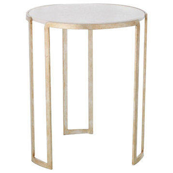 Luxe Midcentury Linear Silver Accent Table, Round White Marble Classic