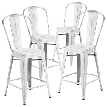 24" High Distressed White Metal Indoor Counter Stools With Back, Set of 4